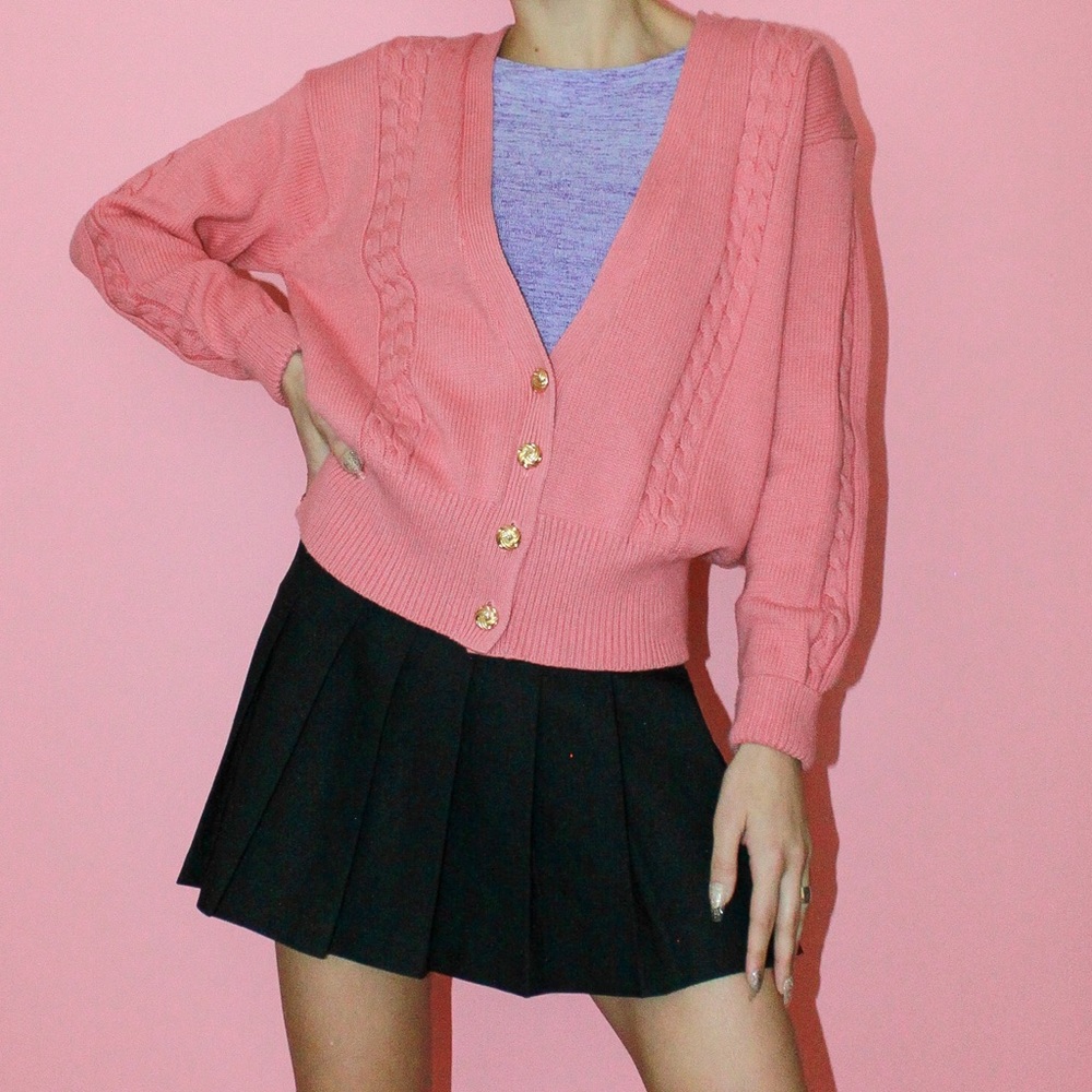 VTG 90s/y2k Mauve 100% Cotton Deep V-Neck Chunky Knit Fisherman Cardigan - Small
